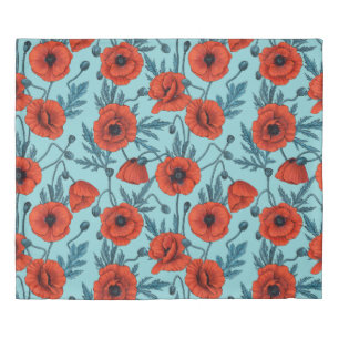 Poppies, red and blue on pool blue duvet cover