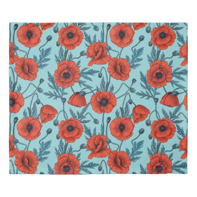 Poppies, red and blue on pool blue duvet cover (Front)