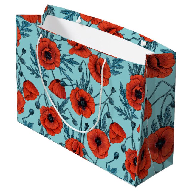 Poppies, red and blue on pool blue large gift bag (Back Angled)