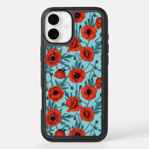 Poppies, red and blue on pool blue iPhone 16 plus case