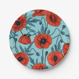 Poppies, red and blue on pool blue paper plates