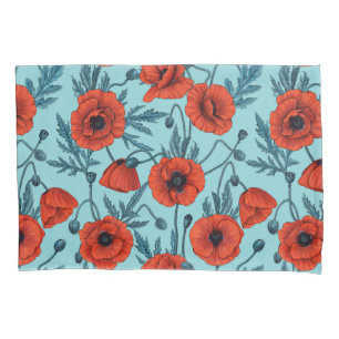 Poppies, red and blue on pool blue pillow case