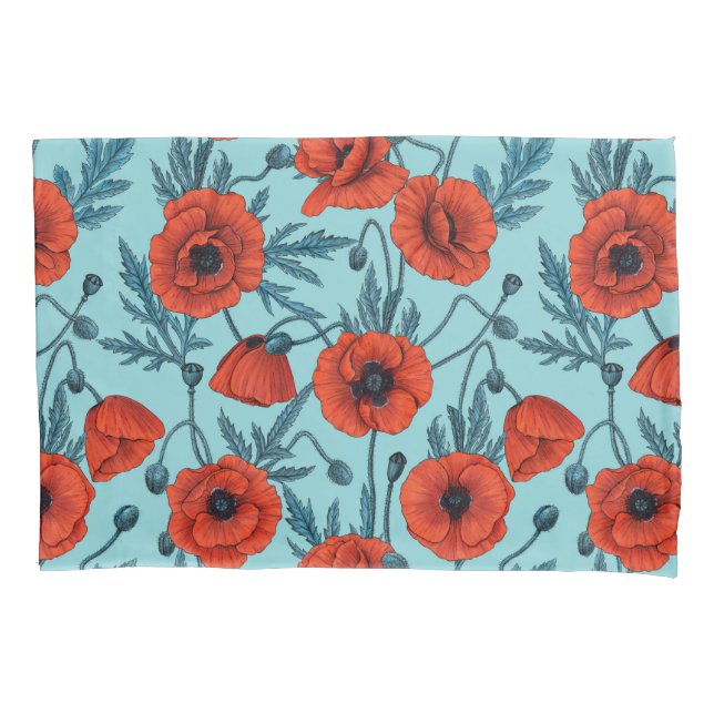 Poppies, red and blue on pool blue pillow case (Front-Left)