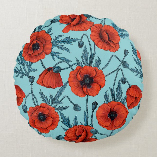 Poppies, red and blue on pool blue round pillow (Front)