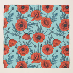 Poppies, red and blue on pool blue scarf
