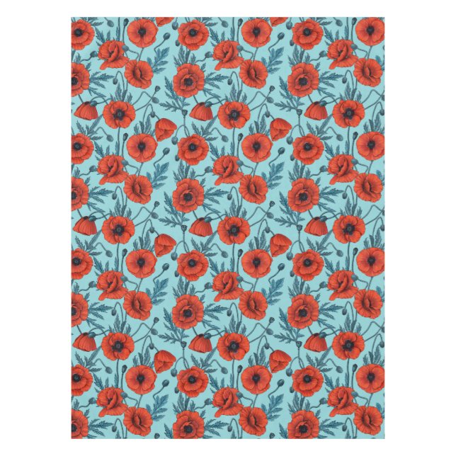 Poppies, red and blue on pool blue tablecloth (Front)