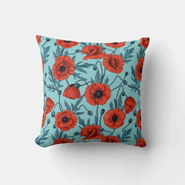 Poppies, red and blue on pool blue throw pillow (Front)