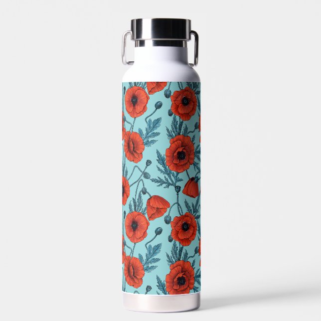 Poppies, red and blue on pool blue water bottle (Front)