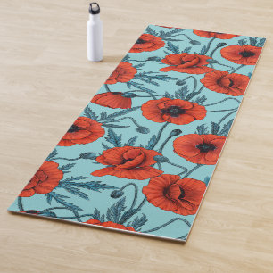 Poppies, red and blue on pool blue yoga mat