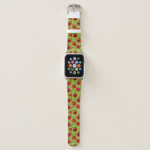 Poppies, red and green on lime green apple watch band