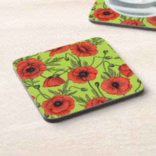 Poppies, red and green on lime green beverage coaster
