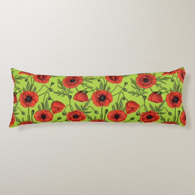 Poppies, red and green on lime green body pillow (Front)