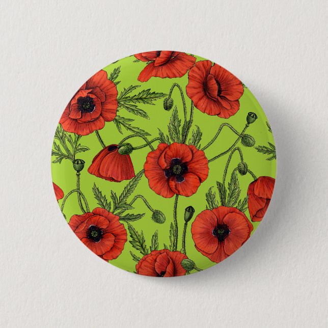 Poppies, red and green on lime green button (Front)