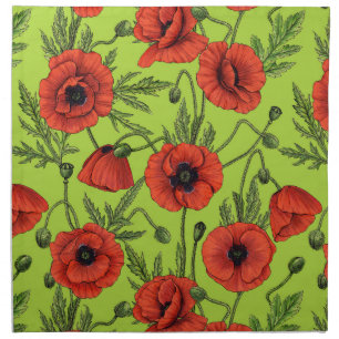 Poppies, red and green on lime green cloth napkin
