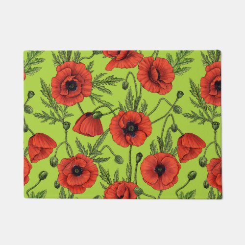 Poppies red and green on lime green doormat