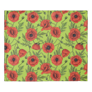 Poppies, red and green on lime green duvet cover