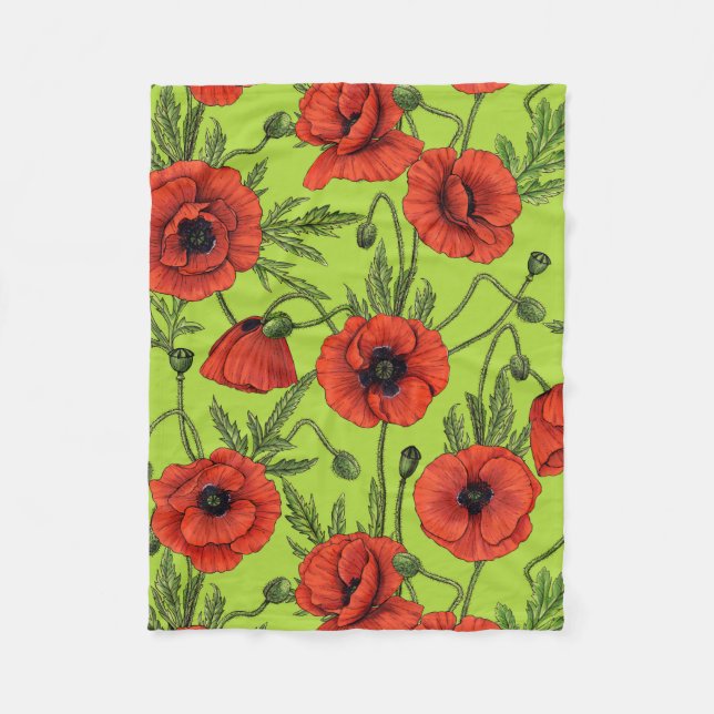 Poppies, red and green on lime green fleece blanket (Front)