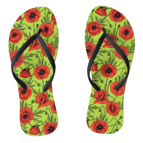 Poppies red and green on lime green flip flops
