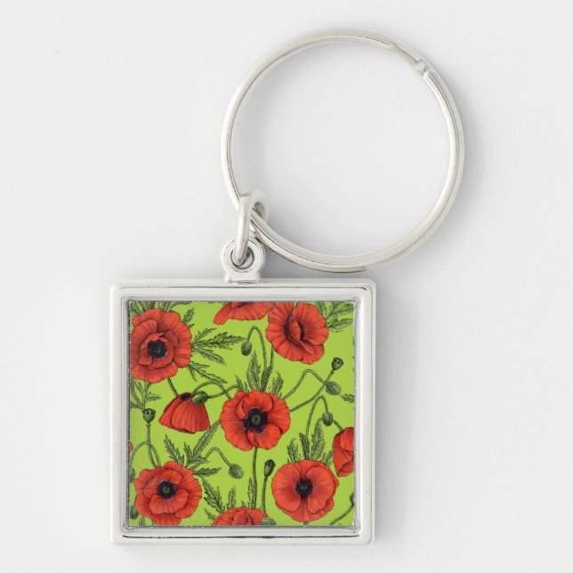 Poppies, red and green on lime green keychain (Front)