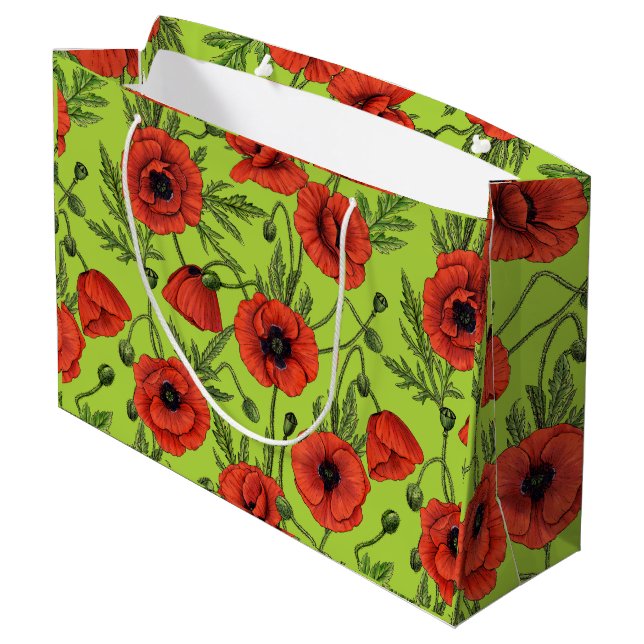Poppies, red and green on lime green large gift bag (Back Angled)