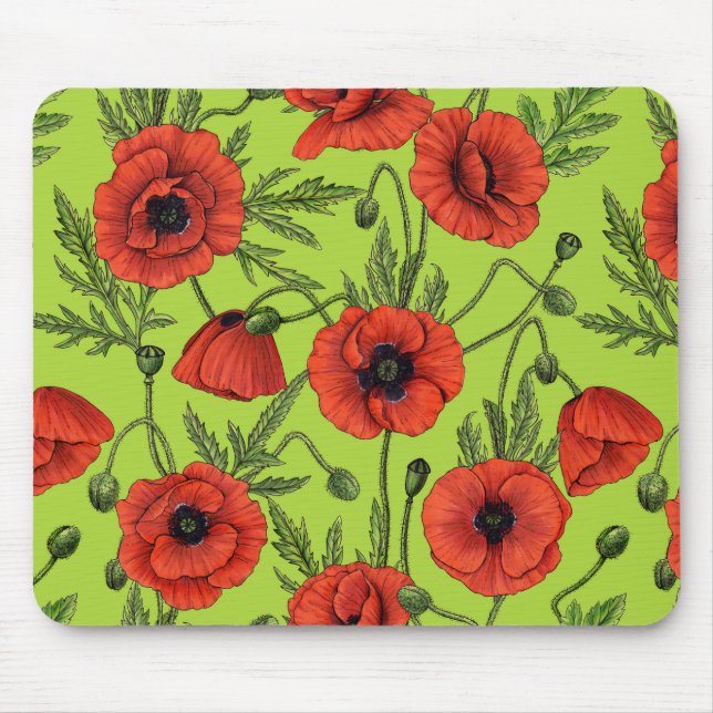 Poppies, red and green on lime green mouse pad (Front)