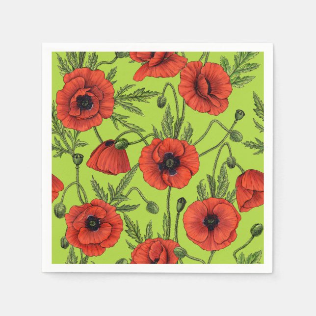 Poppies, red and green on lime green napkins (Front)