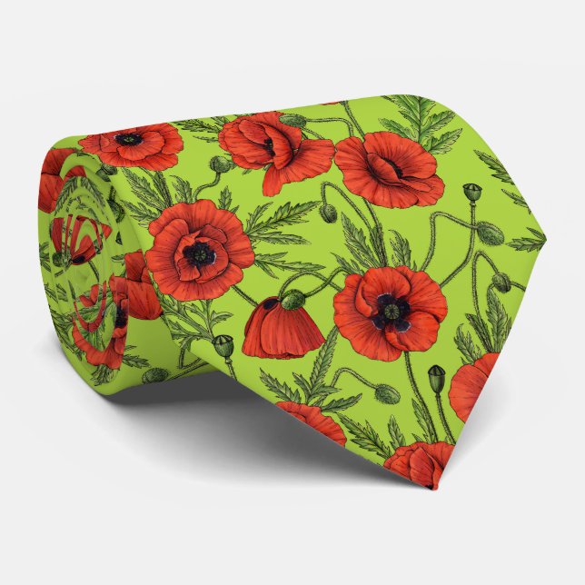 Poppies, red and green on lime green neck tie (Rolled)