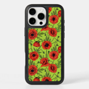 Poppies, red and green on lime green iPhone 16 pro max case