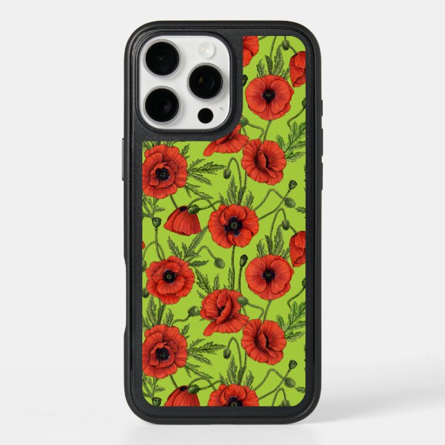 Poppies, red and green on lime green otterbox iPhone case (Back)