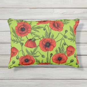 Poppies, red and green on lime green outdoor pillow