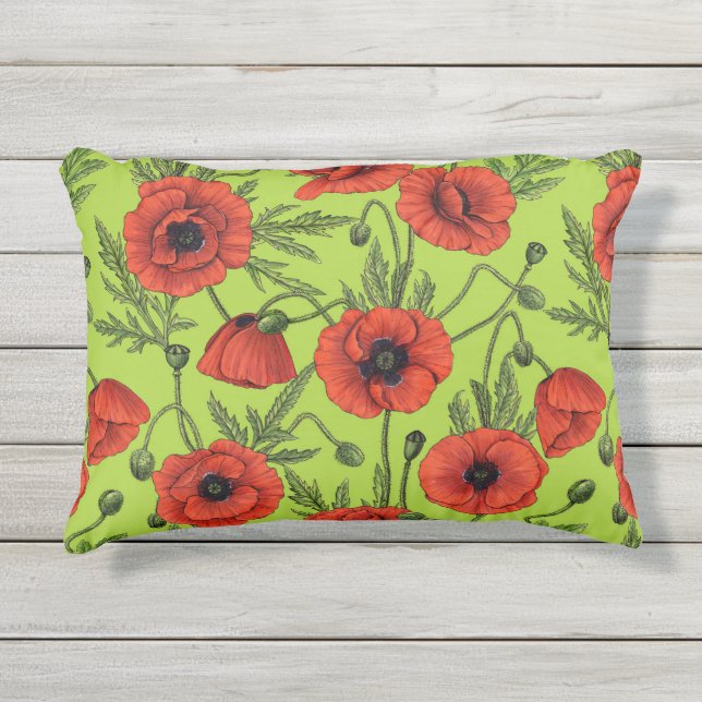 Poppies, red and green on lime green outdoor pillow (Front)