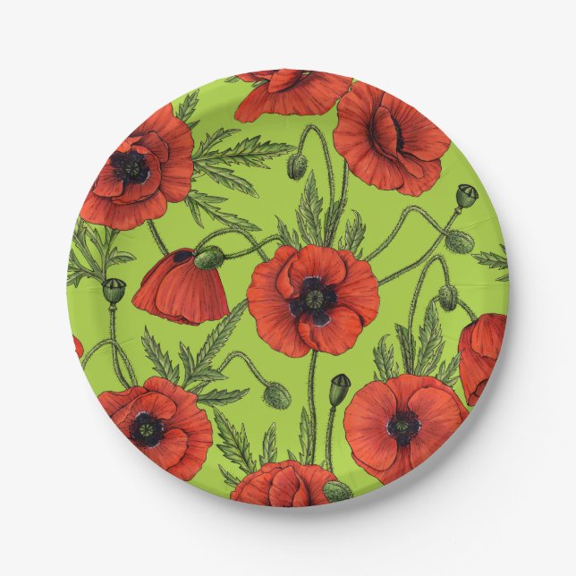 Poppies, red and green on lime green paper plates (Front)