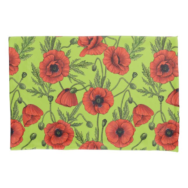 Poppies, red and green on lime green pillow case (Front-Left)