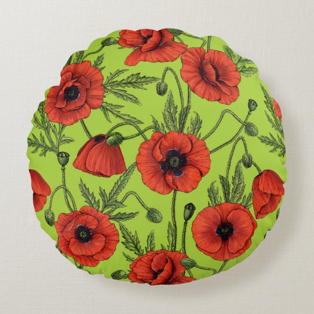 Poppies, red and green on lime green round pillow (Front)