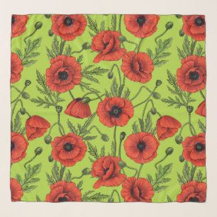 Poppies, red and green on lime green scarf