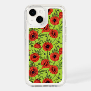 Poppies, red and green on lime green speck iPhone 14 case