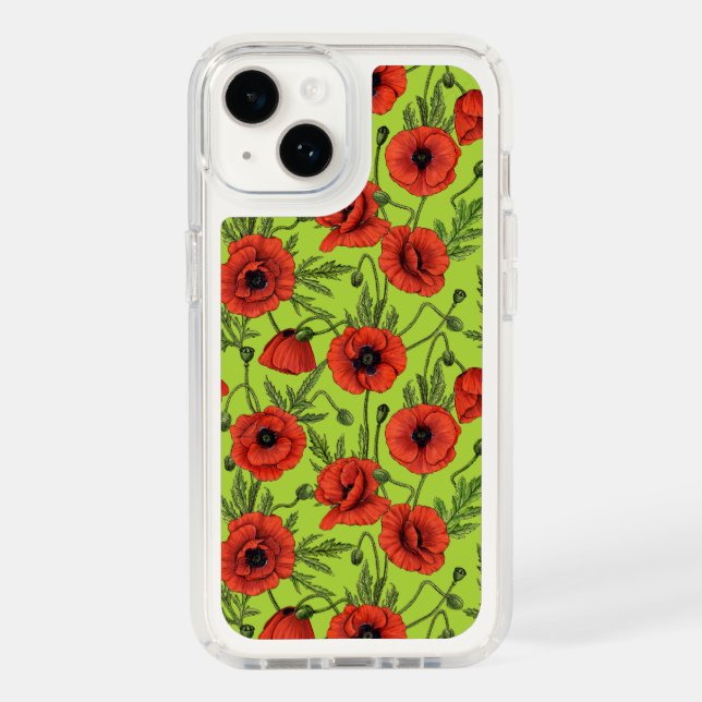 Poppies, red and green on lime green speck iPhone case (Front)