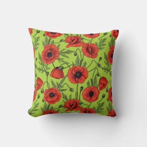 Poppies red and green on lime green throw pillow