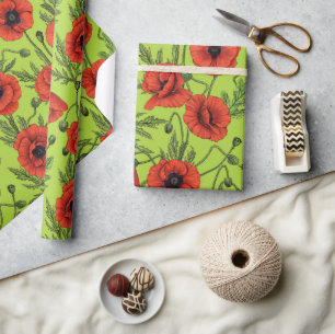 Poppies, red and green on lime green wrapping paper