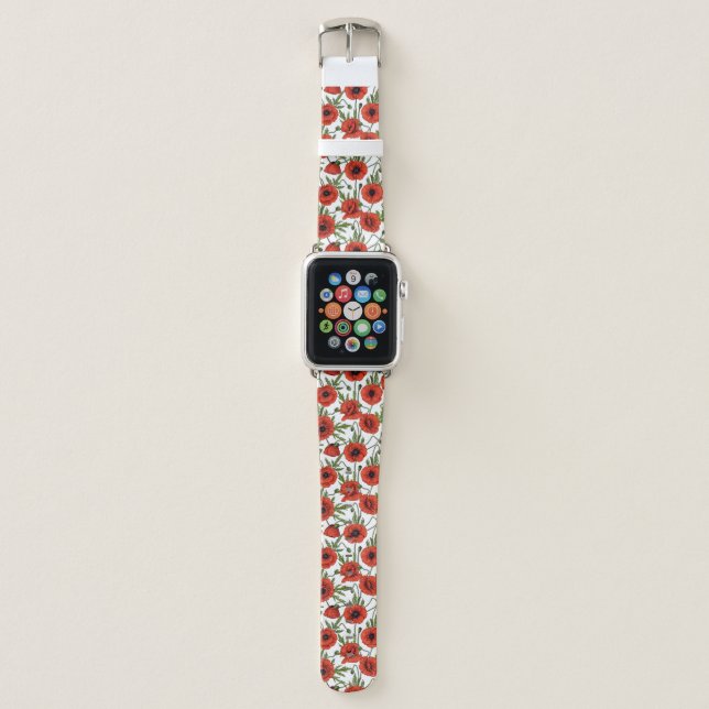 Poppies, red and green on  white apple watch band (Front)