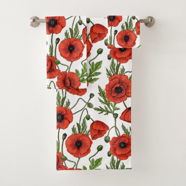 Poppies, red and green on  white bath towel set (Insitu)