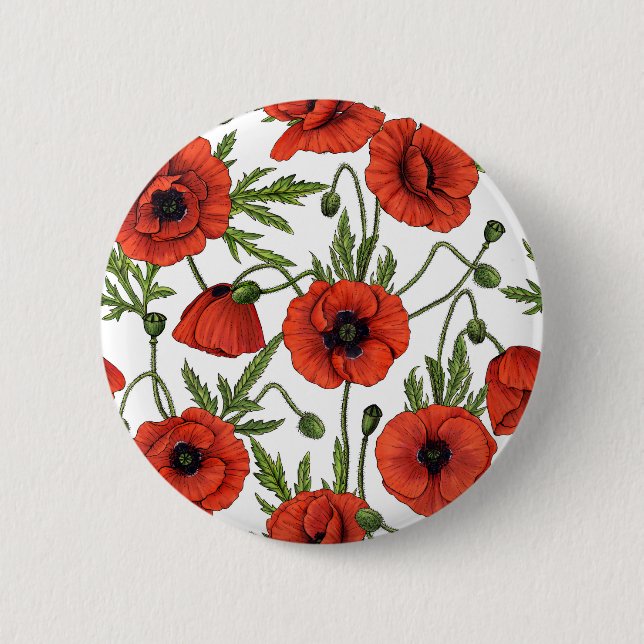 Poppies, red and green on  white button (Front)
