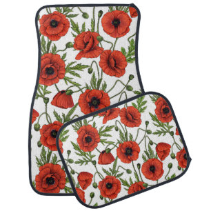 Poppies, red and green on  white car floor mat