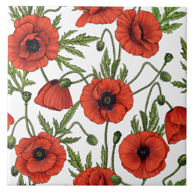 Poppies, red and green on  white ceramic tile (Front)
