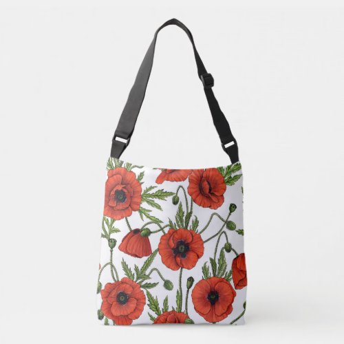 Poppies red and green on  white crossbody bag