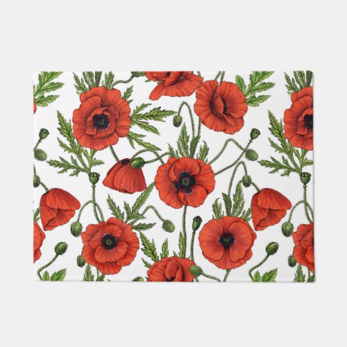 Poppies red and green on  white doormat