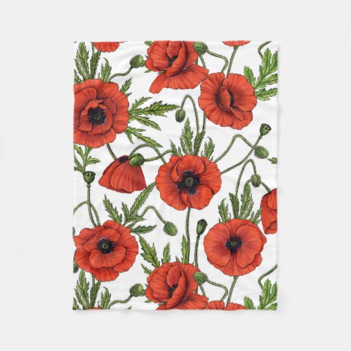 Poppies red and green on  white fleece blanket