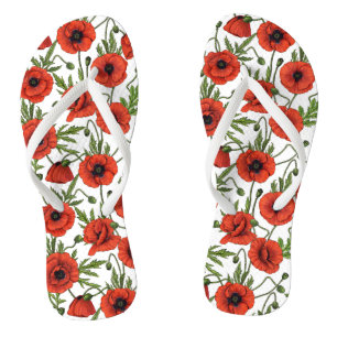 Poppies, red and green on  white flip flops