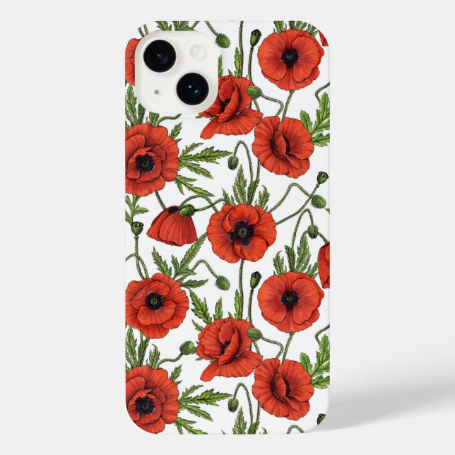 Poppies, red and green on  white iPhone case (Back)