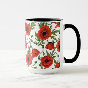 Poppies, red and green on white mug